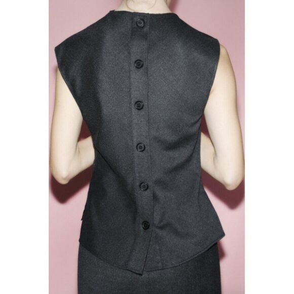 NWT Zara charcoal dark grey wool sleeveless draped ruched button back blouse top - Picture 2 of 7